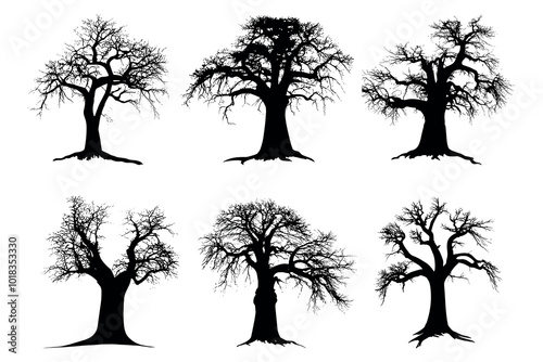 Black baobab tree silhouette Bundle vector design - silhouette set big pack of wild nature tree illustration