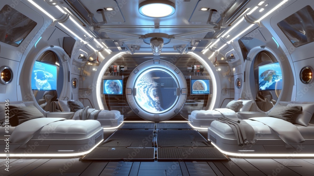 Modern Space Habitat Interior with Earth View Modern Space Habitat Interior with Earth View