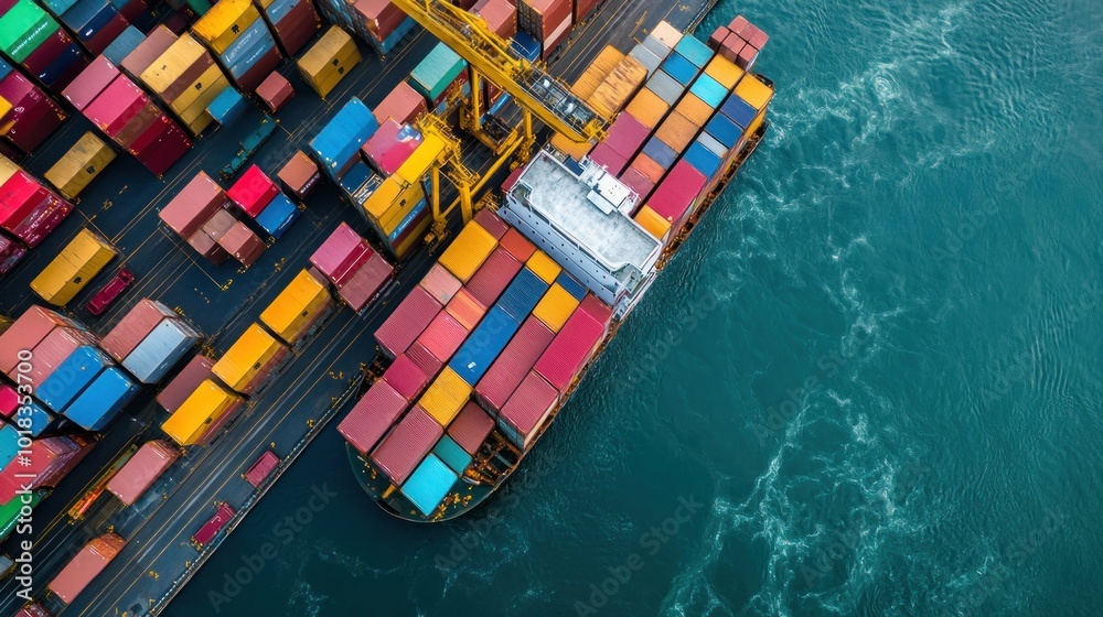 Fototapeta premium An aerial view of a large cargo ship docked at a port, with colorful shipping containers stacked high.
