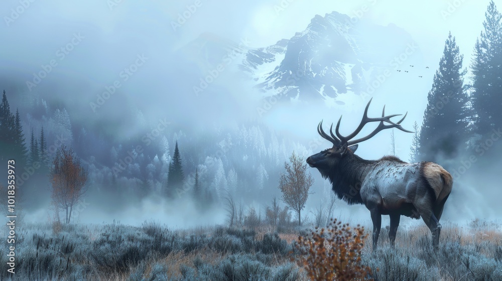 Majestic Elk in Misty Mountain Landscape Majestic Elk in Misty Mountain Landscape