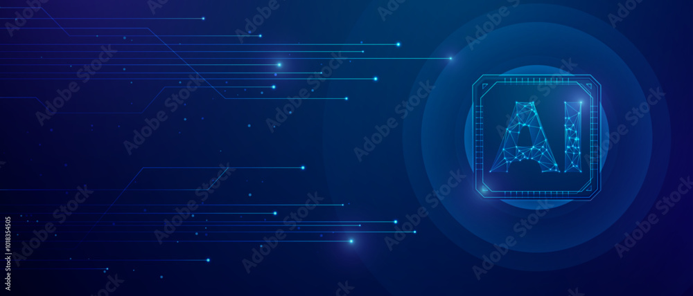 Obraz premium Dots and lines technology with artificial intelligence logo, on abstract blue background