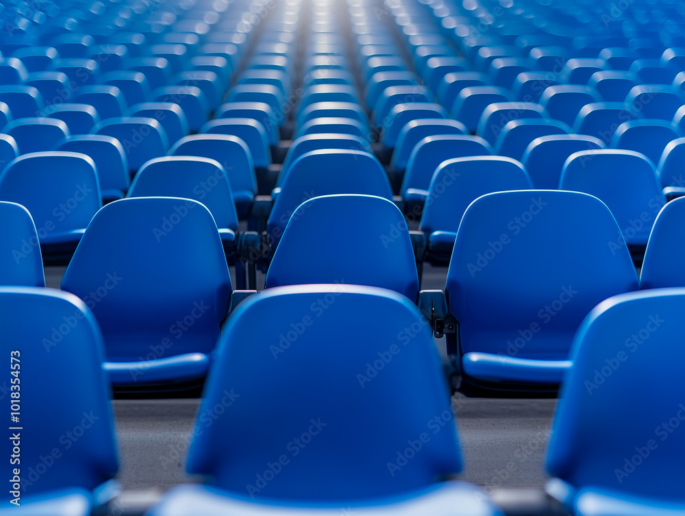 Fototapeta premium long rows of blue seats on a sports field stand 