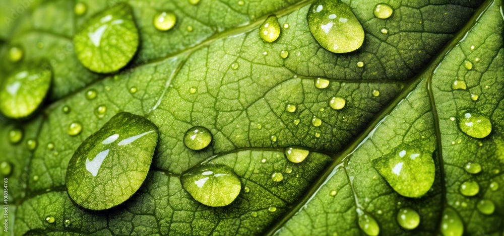 Fototapeta premium Water droplets resting on vibrant green leaf with closeup view