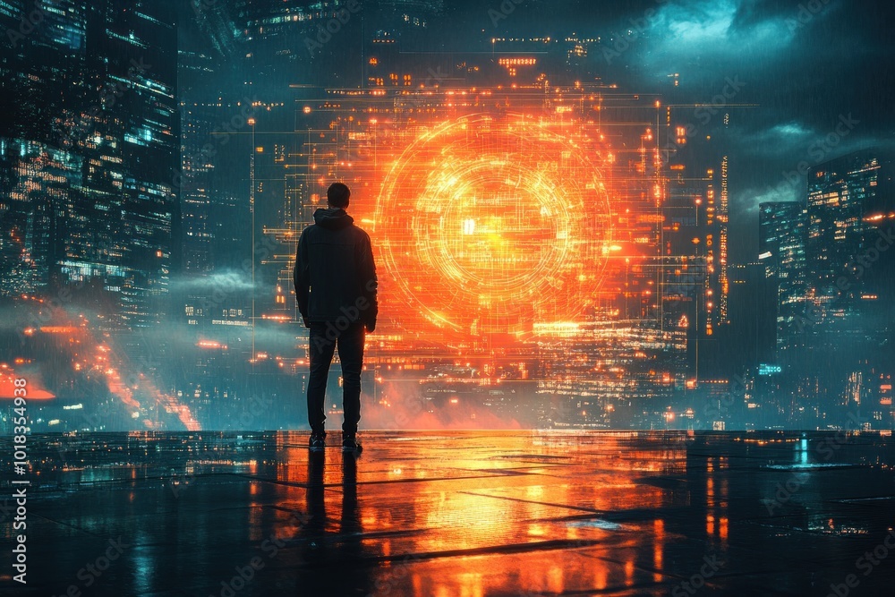 A lone figure stands in a futuristic city, gazing at a glowing orb in the distance. A lone figure stands in a futuristic city, gazing at a glowing orb in the distance.