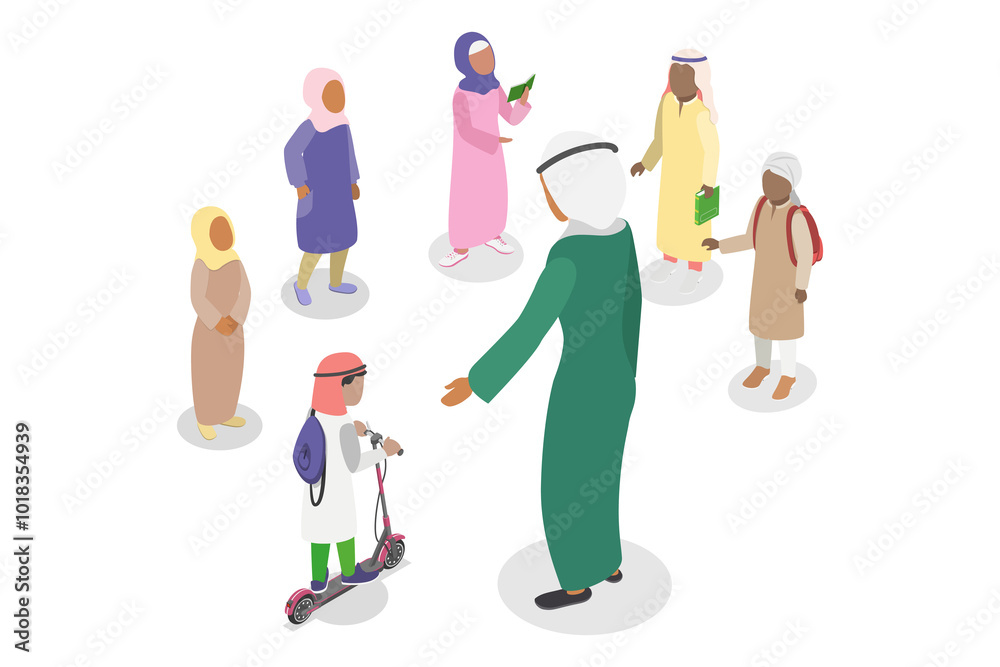 Obraz premium 3D Isometric Flat Illustration of Muslim Schoolchildren , School Teacher and Students