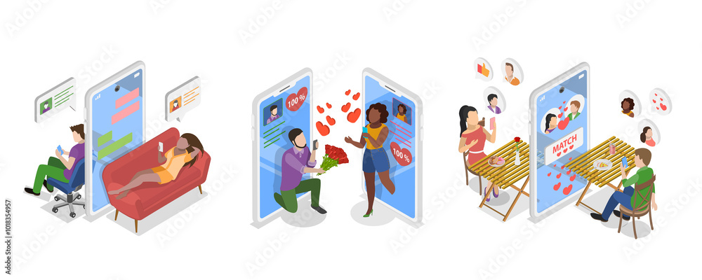 3D Isometric Flat Illustration of Dating App, Virtual Relationship 3D Isometric Flat Illustration of Dating App, Virtual Relationship