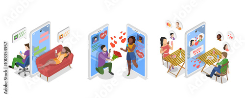 3D Isometric Flat Illustration of Dating App, Virtual Relationship