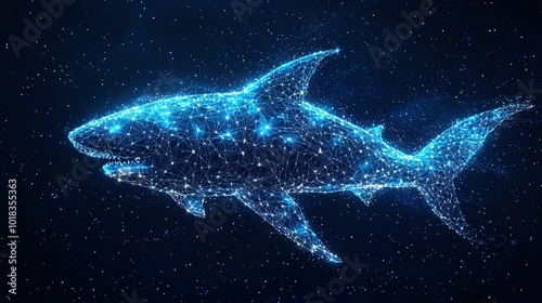 An artistic wireframe shark composed of luminous connections, set against a star-filled background, evoking themes of mystery and exploration. photo