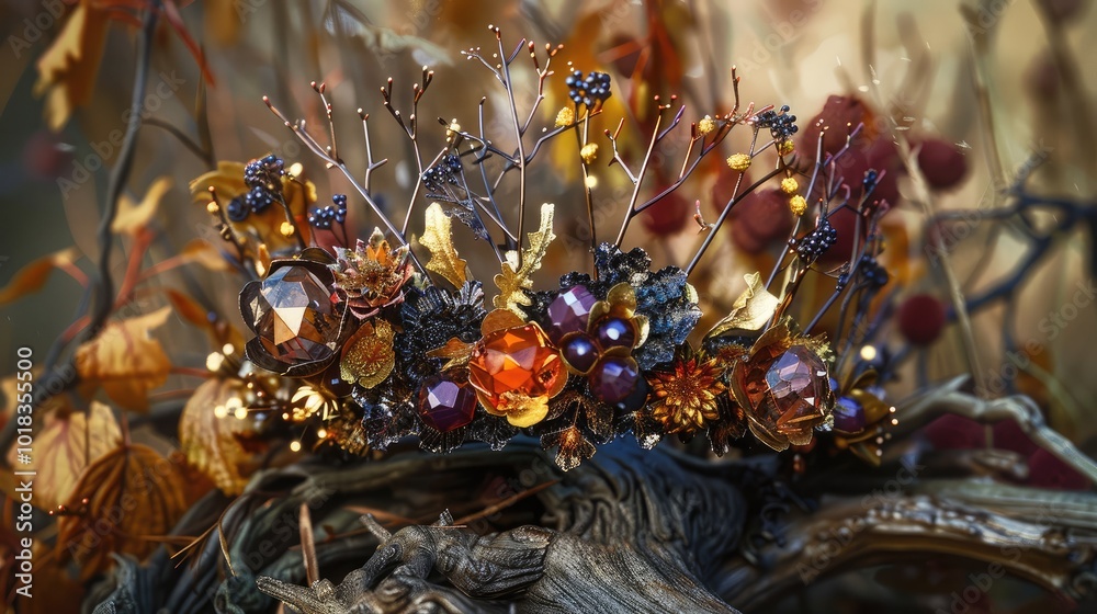 stunning crown adorned with autumn leaves and intricate gems, reflecting the beauty of nature's fall colors. stunning crown adorned with autumn leaves and intricate gems, reflecting the beauty of nature's fall colors.