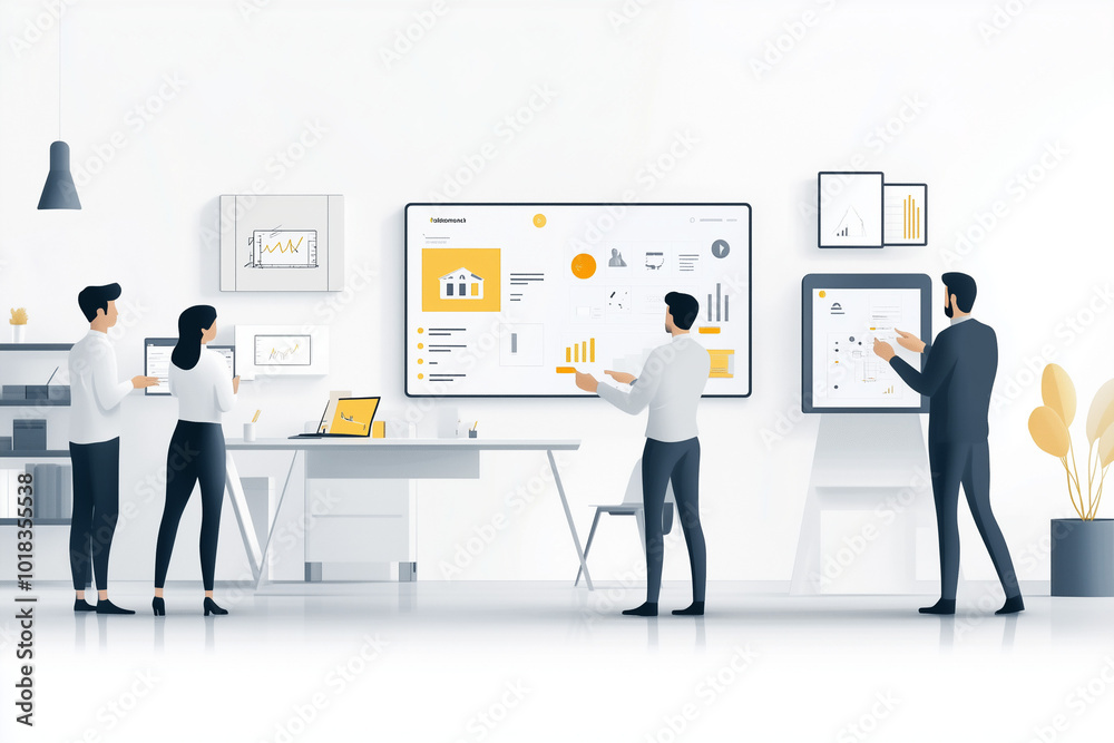 Fototapeta premium Team of professionals collaborating on data analytics presentation in a modern office environment with large digital screens displaying graphs and statistics