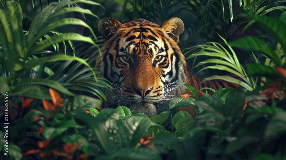 Majestic Tiger Hidden Among Lush Greenery Majestic Tiger Hidden Among Lush Greenery