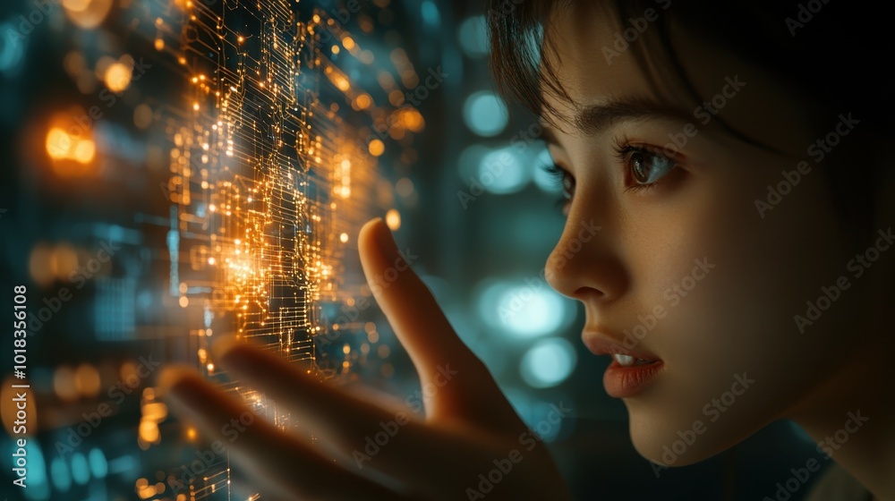 A close-up of a person's hand reaching out to a holographic network map representing cybersecurity defenses. The glowing digital elements cast soft light on the person face, with the background A close-up of a person's hand reaching out to a holographic network map representing cybersecurity defenses. The glowing digital elements cast soft light on the person face, with the background