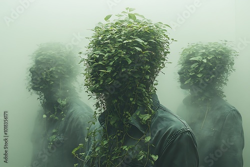 People with faces obscured by lush green plants stand in a foggy landscape.