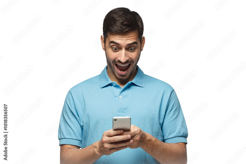 Excited man looking at his phone with surprise expression Excited man looking at his phone with surprise expression