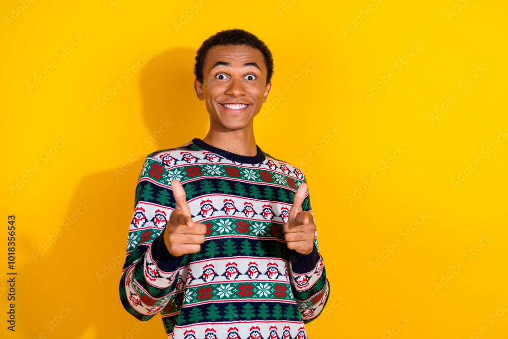 Photo of nice young male point you excited camera wear ornament christmas outfit theme party on yellow color background