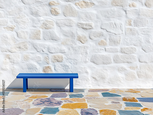 Fototapeta Naklejka Na Ścianę i Meble -  Minimalistic scene with a blue bench against a white wall and stone floor