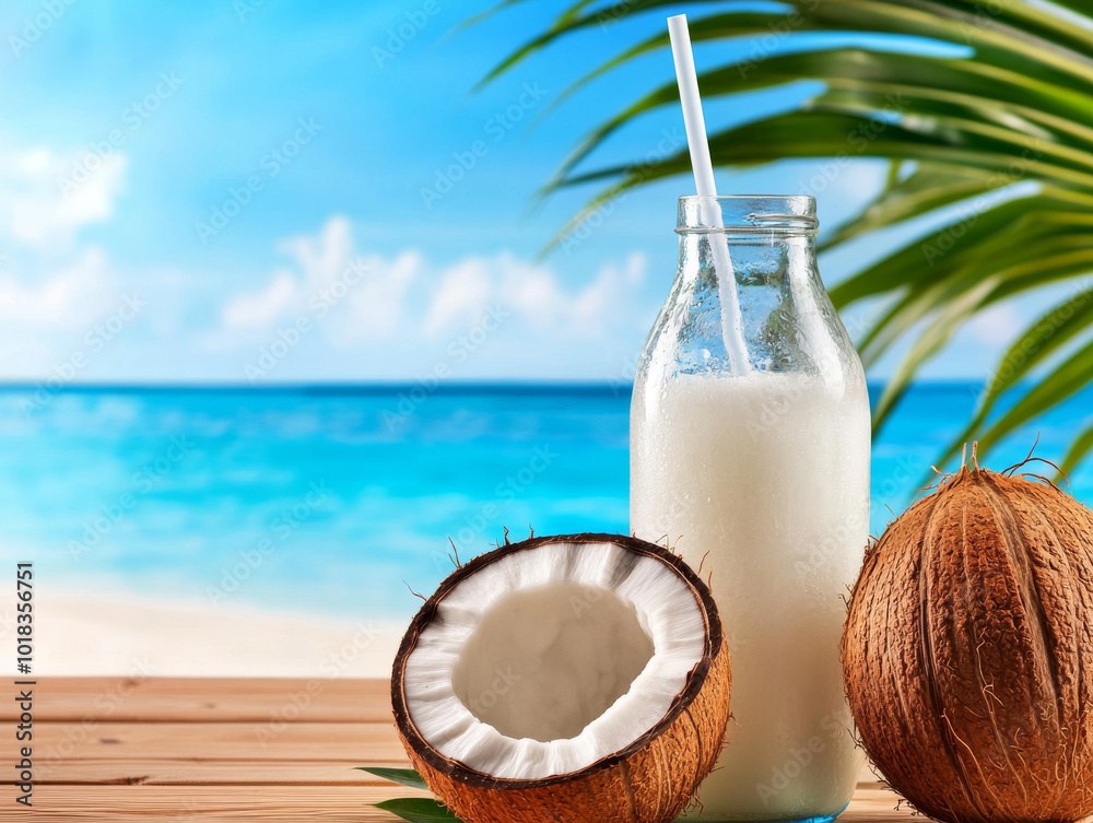Refreshing Coconut Milk Drink with a Tropical Backdrop and Palm Leaves Refreshing Coconut Milk Drink with a Tropical Backdrop and Palm Leaves