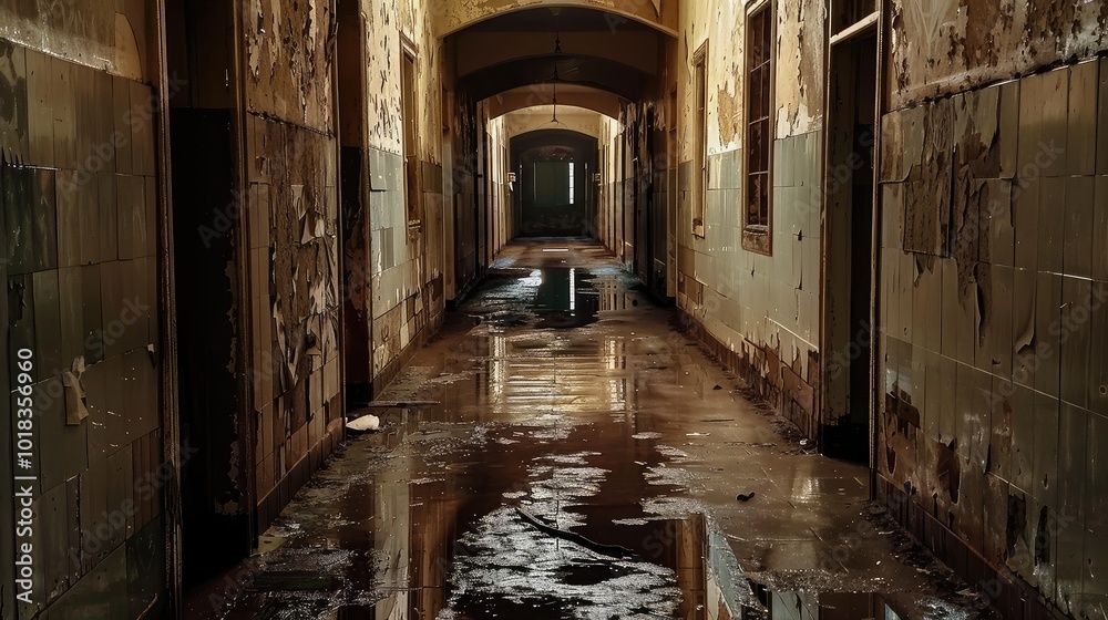 Fototapeta premium eerie hallway in an abandoned building, with peeling walls and a damp floor, evoking a sense of mystery and neglect.