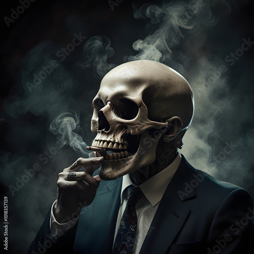 A skull of a man in a suit smoking a cigarette with smoke emitting from it.