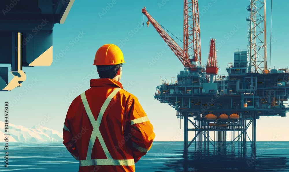 Worker Observing Offshore Oil Rig Operations Worker Observing Offshore Oil Rig Operations