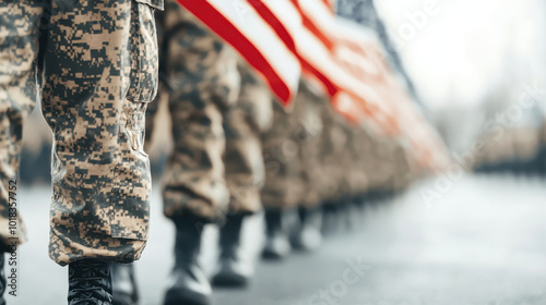 Marching veterans in camouflage uniforms with American flag create powerful scene of patriotism and honor. image captures dedication and pride of those who serve