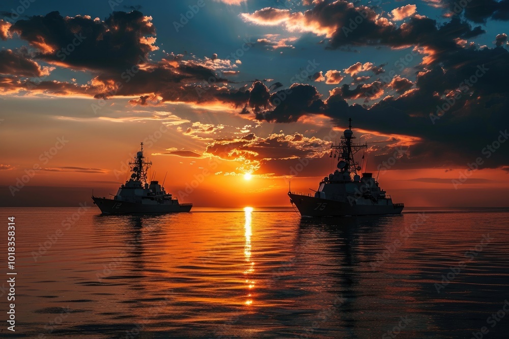 Military navy ships in a sea bay at sunset Military navy ships in a sea bay at sunset