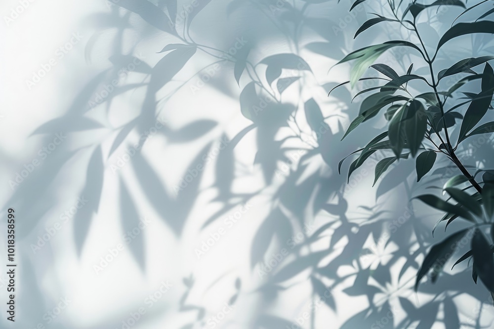 Minimalistic light background with blurred foliage shadow on a white wall. Beautiful background for presentation. Minimalistic light background with blurred foliage shadow on a white wall. Beautiful background for presentation.