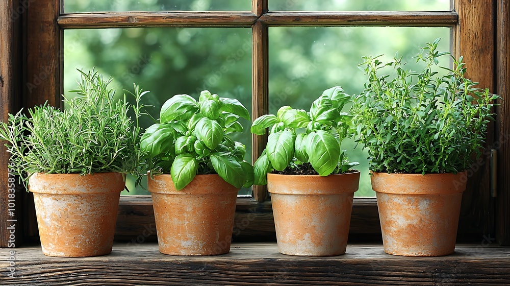 Modern Kitchen with Fresh Herb Pots by the Window Modern Kitchen with Fresh Herb Pots by the Window