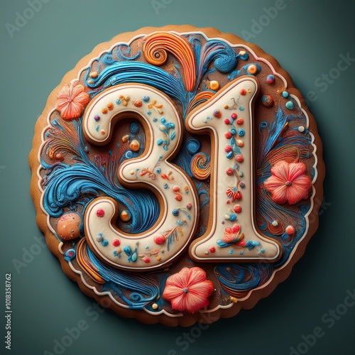 Decorated cookie, number 31, image for birthday or anniversary celebration