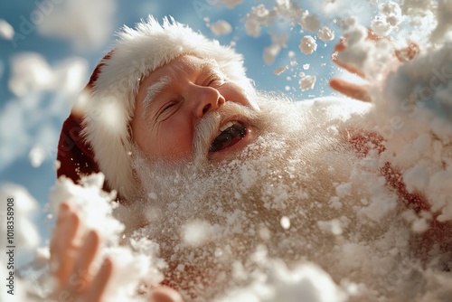 Santa Claus is enveloped in snow, laughing heartily, capturing the effortless enchantment and joy of the holiday season with his hallmark red suit and cheerful demeanor.