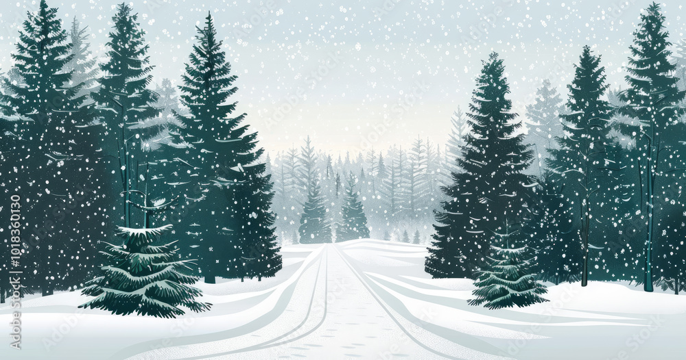 Fototapeta premium Snowy winter forest road illustration with pine trees