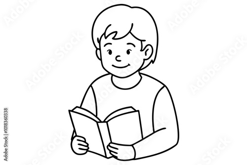 A Coloring book page for children, boy reading book vector illustration