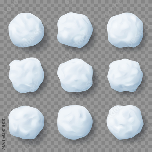 Set of realistic snow splats. 3d vector snowballs. Snow splats isolated on transparent background. Christmas fun fight. Winter holiday children games snowballs. Set of snow round frost balls.