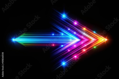 A colorful arrow made of glowing light beams pointing right at the center on a black background he arrow forms an elegant and dynamic shape with a sense of motion and speed Generative AI