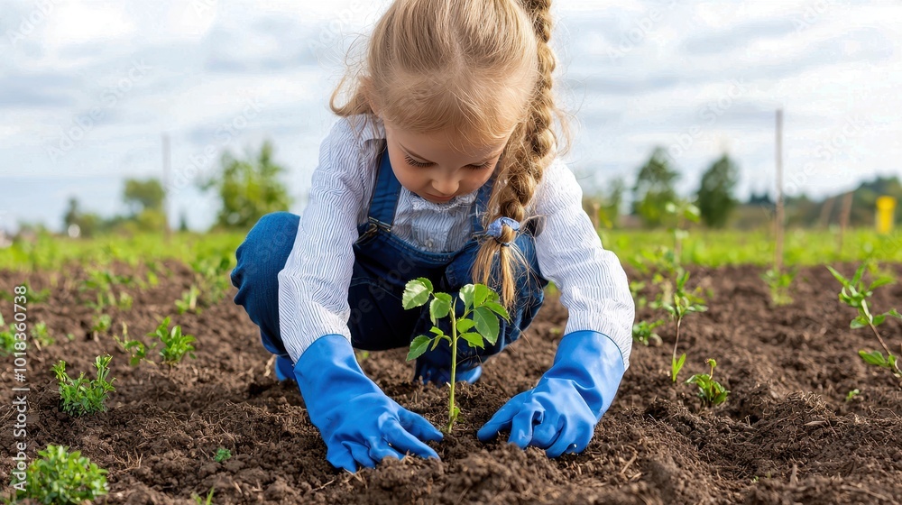 A child planting a sapling, symbolizing the promise of growth, hope, and nurturing for the future A child planting a sapling, symbolizing the promise of growth, hope, and nurturing for the future