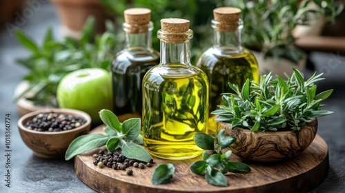 Three Glass Bottles of Yellow Oil with Green Herbs and Black Peppercorns on a Wooden Cutting Board