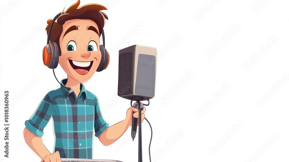 Happy voice actor cartoon speaking into a mic with headphones on, isolated on white Happy voice actor cartoon speaking into a mic with headphones on, isolated on white