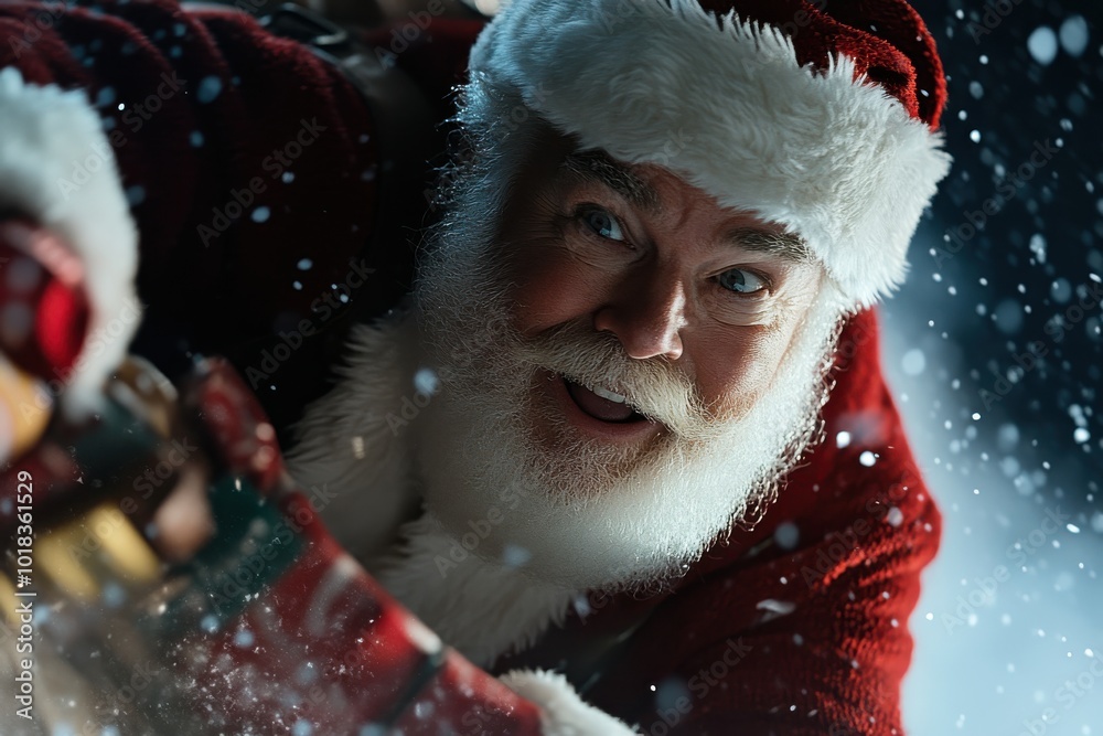 A close-up of Santa Claus with a joyful expression as snowflakes gently fall, encapsulating the cheer, warmth, and magic of the Christmas season.