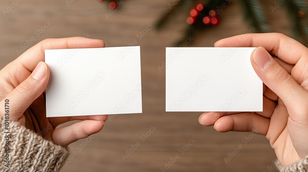 Two blank business cards rest on a knitted sweater adorned with pine branches and bright berries, creating a warm winter ambiance perfect for showcasing design Two blank business cards rest on a knitted sweater adorned with pine branches and bright berries, creating a warm winter ambiance perfect for showcasing design