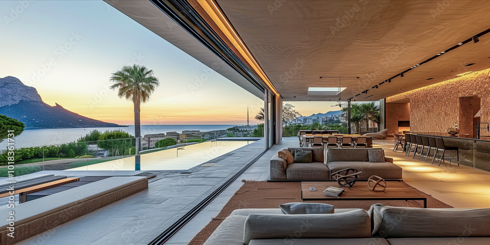Luxurious open-concept living space with infinity pool overlooking a breathtaking coastal sunset Luxurious open-concept living space with infinity pool overlooking a breathtaking coastal sunset