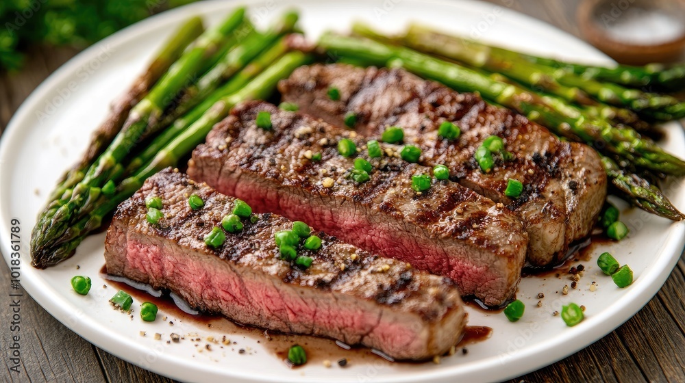 A beautifully seared sirloin steak, served on a white plate with grilled asparagus and a drizzle of balsamic reduction A beautifully seared sirloin steak, served on a white plate with grilled asparagus and a drizzle of balsamic reduction