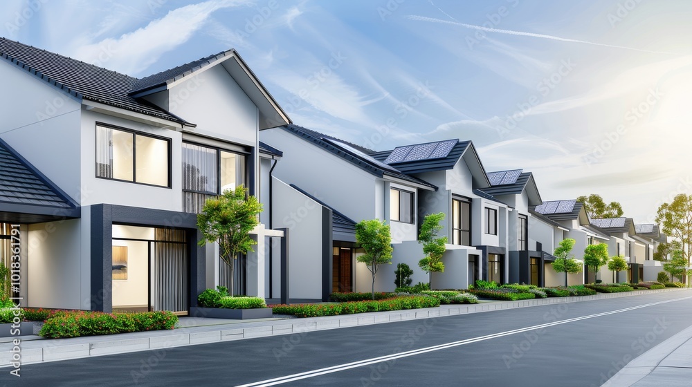 Modern Townhouses: A row of contemporary townhouses with gray roofs and white walls under bright sunlight Modern Townhouses: A row of contemporary townhouses with gray roofs and white walls under bright sunlight