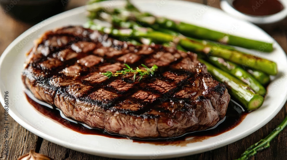 A beautifully seared sirloin steak, served on a white plate with grilled asparagus and a drizzle of balsamic reduction A beautifully seared sirloin steak, served on a white plate with grilled asparagus and a drizzle of balsamic reduction