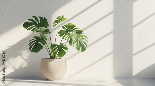 3D Rendering of Monstera Plant in Beige Pot Against White Wall with Sunlight and Shadow. AI generated illustration