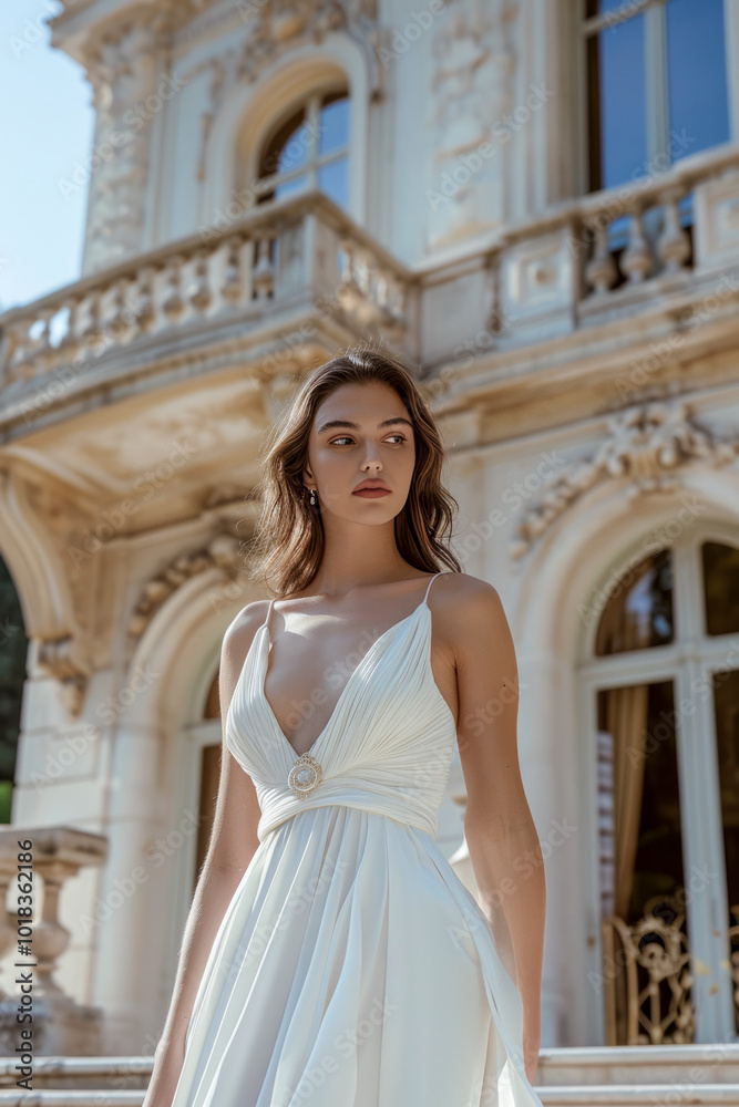Obraz premium A woman in a white dress stands in front of a building with a large archway. She is wearing a necklace and earrings