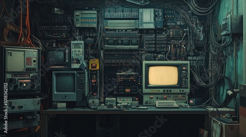 A wall covered with vintage electronics and wires, a dimly lit room.