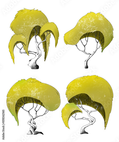 Funny fantasy trees set, hand sketch of summer nature, isolated on white