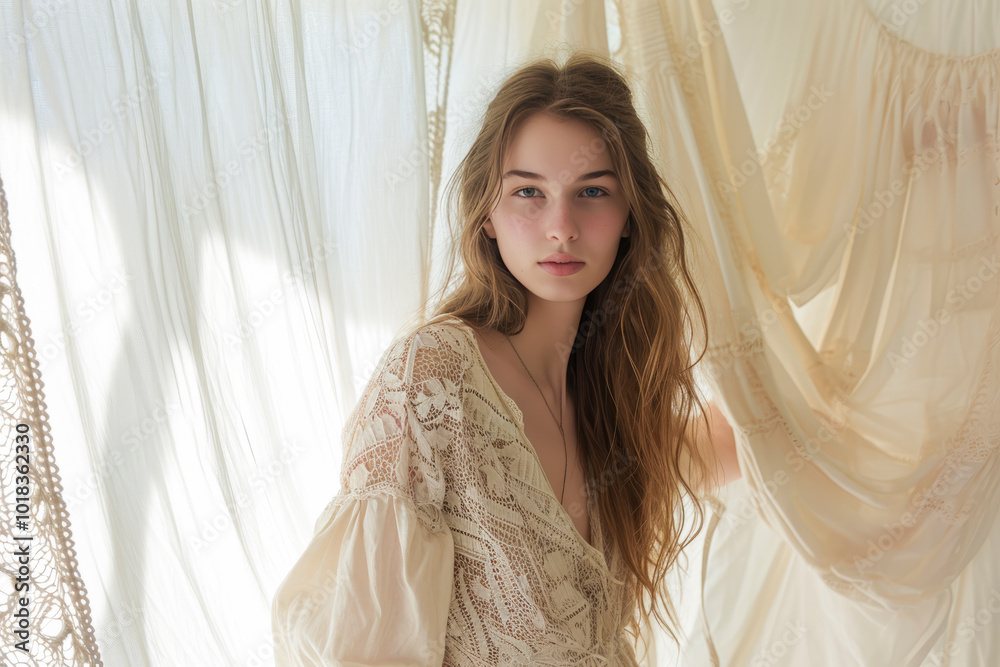Young woman in lace dress posing in soft natural light with flowing curtains in a serene setting Young woman in lace dress posing in soft natural light with flowing curtains in a serene setting