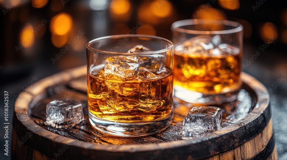 Two Glasses of Golden Amber Liquid with Ice Cubes Resting on a Rustic Wooden Barrel Two Glasses of Golden Amber Liquid with Ice Cubes Resting on a Rustic Wooden Barrel