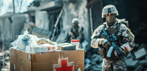 Armed soldiers with humanitarian aid box in war-torn area. photo